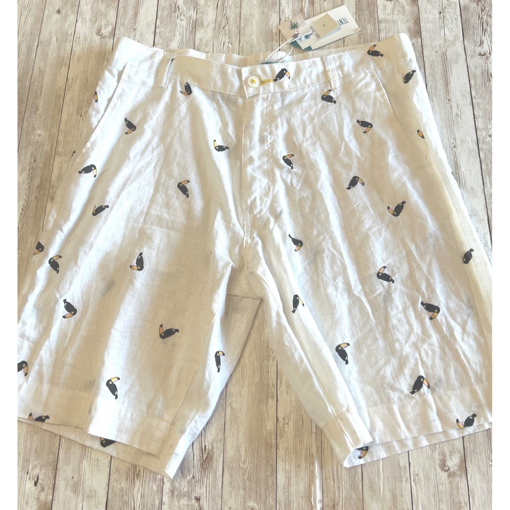 TENTH + OCEAN Linen Blend Shorts Toucan Bird Print Mens 34 White Machine Wash